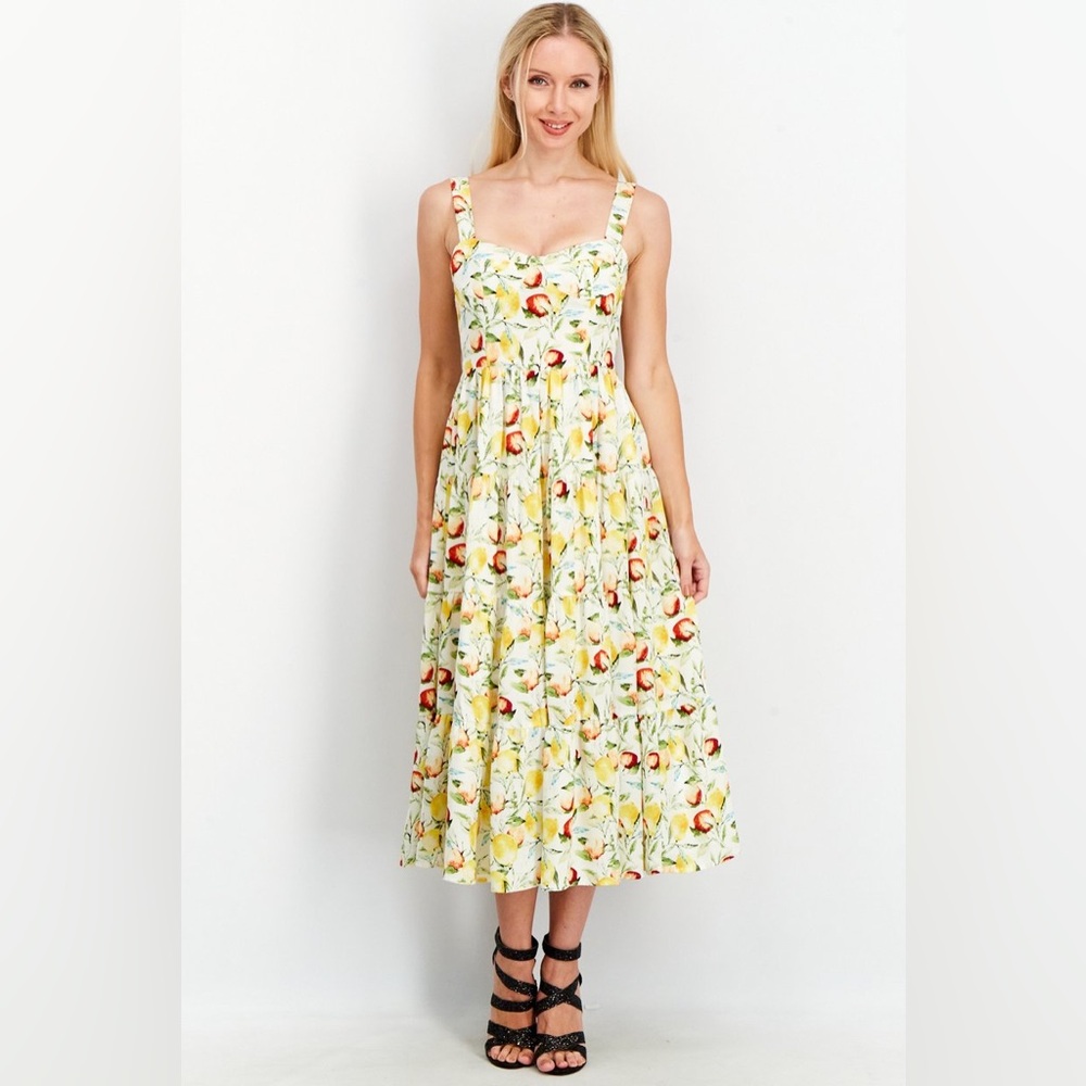 Aqua Fruit Print Midi Dress